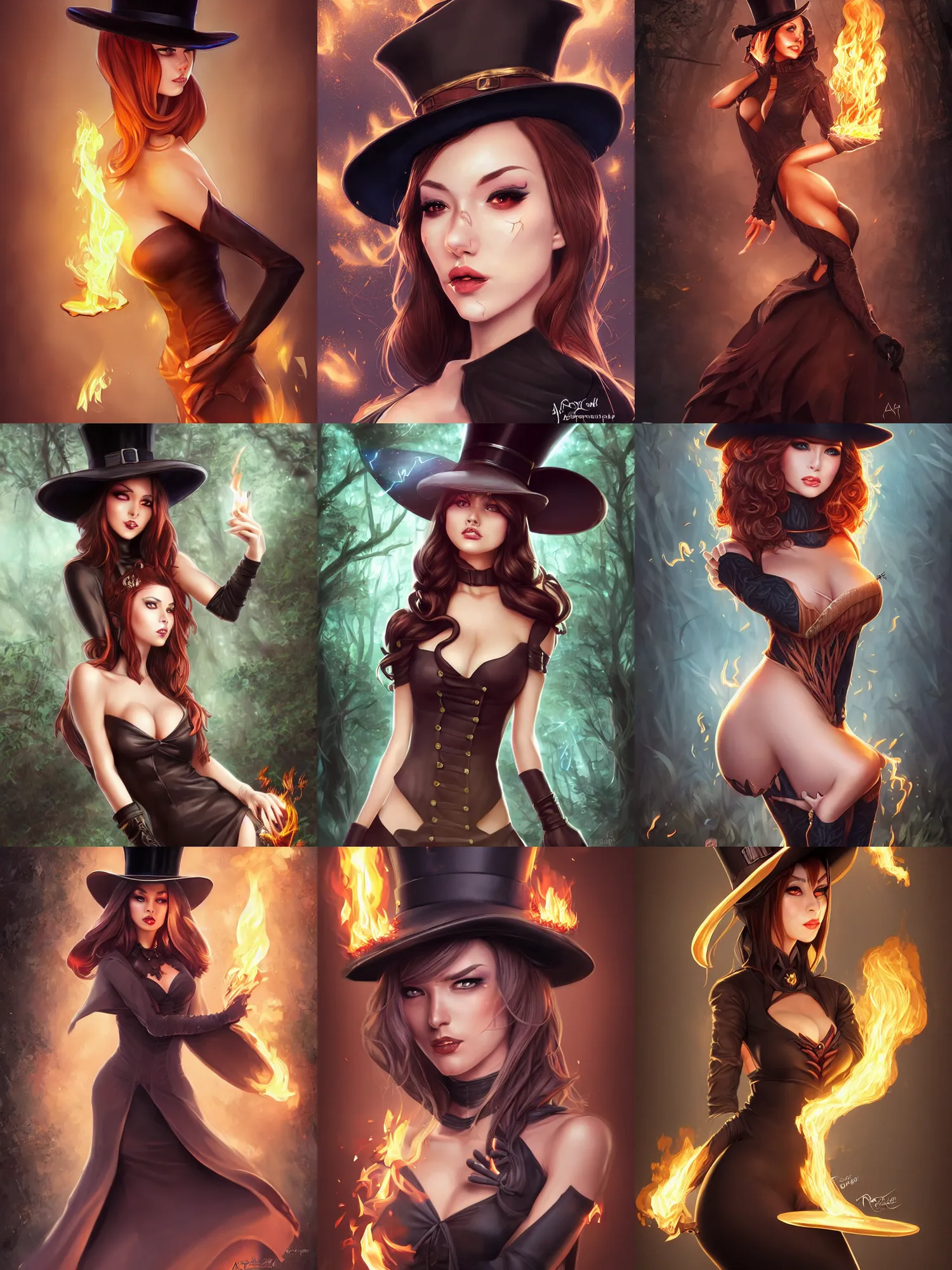 Prompt: full portrait of a dark fantasy female pyromancer, skintight dress, top hat, finesse, key visual, realistic shaded perfect face, fine details, forest background, smooth, highly detailed, digital illustration, by artgerm, rossdraws, frank franzzeta