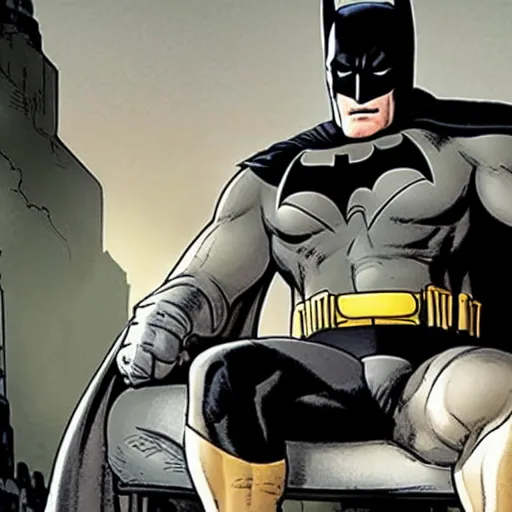 Image similar to photo of batman sitting in his tighty whities and drinking coffee