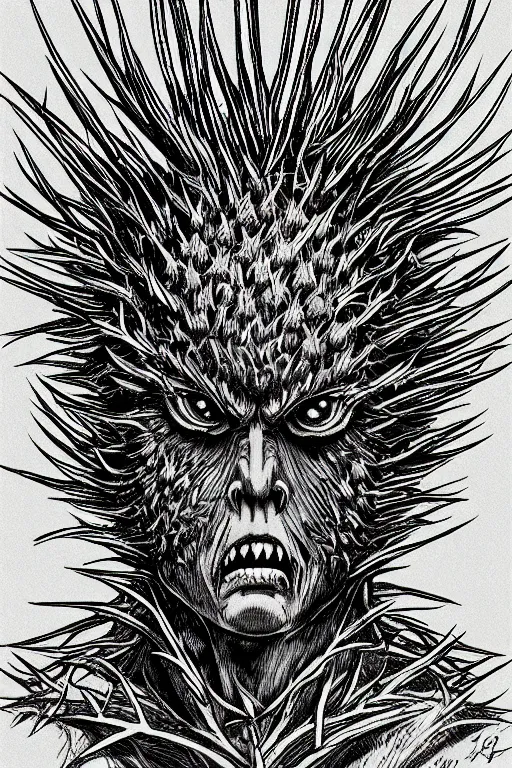 Image similar to thistle monster humanoid figure, symmetrical, highly detailed, digital art, needles, thorns, sharp focus, trending on art station, kentaro miura manga art style