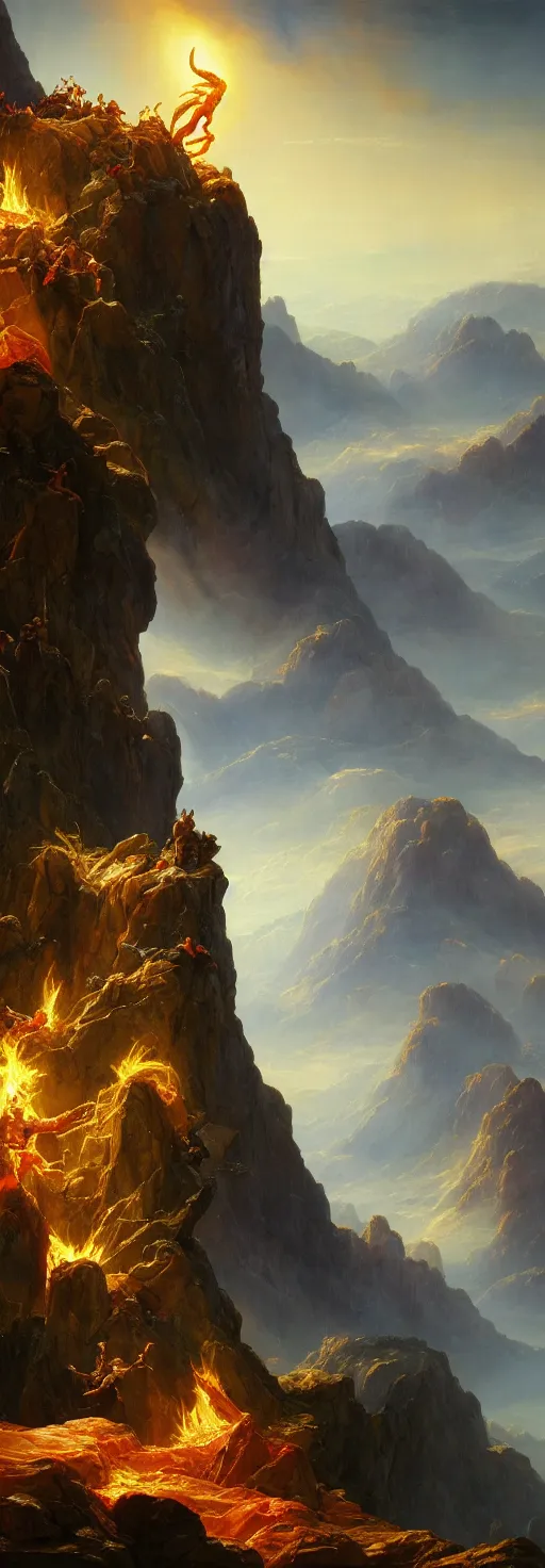 Image similar to Prometheus stealing fire from the Gods on Mount Olympus. In the style of a surreal and awe-inspiring Thomas Cole and Bruce Pennington digital art mural painting. unreal engine, 4k, matte, exquisite detail
