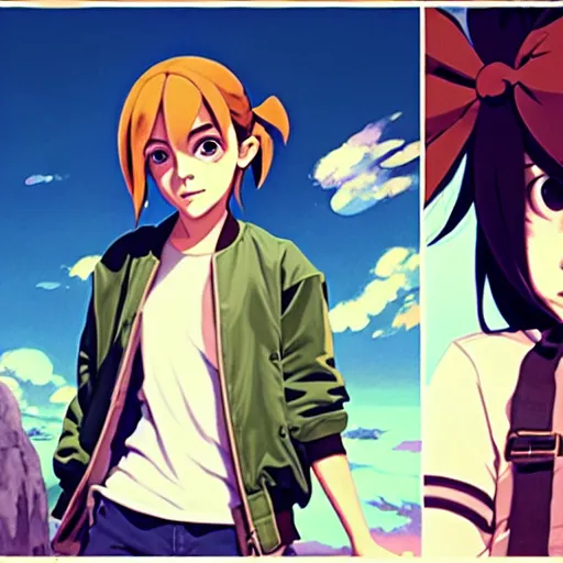 Image similar to beautiful boyish emma watson in majora's mask, wearing oversized mayan bomber jacket with overalls and leotard, bulky poofy bomber jacket with mayan patterns, aztec street fashion, gapmoe yandere grimdark, trending on pixiv fanbox, painted by greg rutkowski makoto shinkai takashi takeuchi studio ghibli, akihiko yoshida