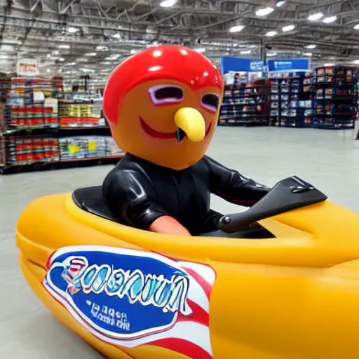 Image similar to hotdog mascot driving a jetski in Costco