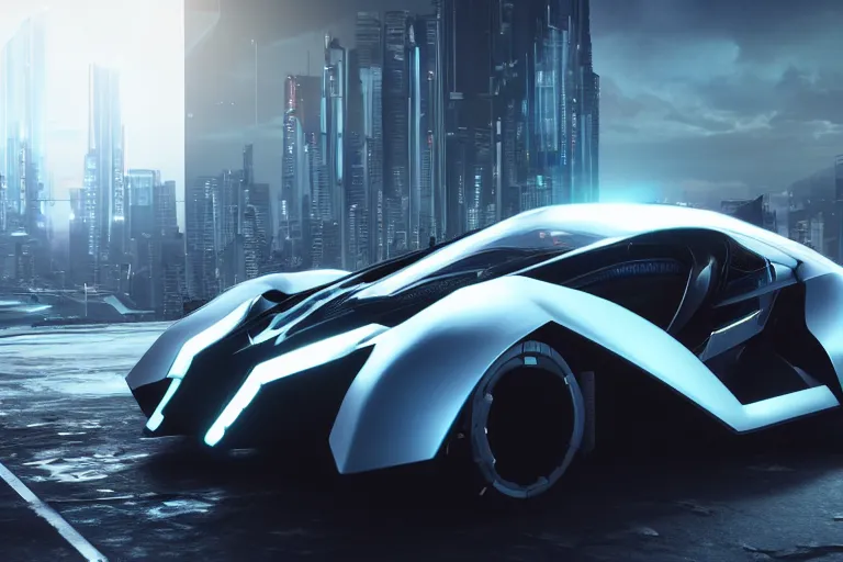 Image similar to cyberpunk batmobile concept inspired sports car, futuristic look, highly detailed body, very expensive, photorealistic camera shot, bright studio setting, studio lighting, crisp quality and light reflections, unreal engine 5 quality render