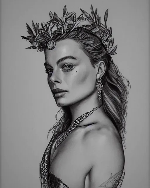 Image similar to realism tattoo sketch of margot robbie as a beautiful greek goddess aphrodite with piercing eyes wearing a laurel wreath and triangle earrings, in the style of greg rutkowski, amazing detail