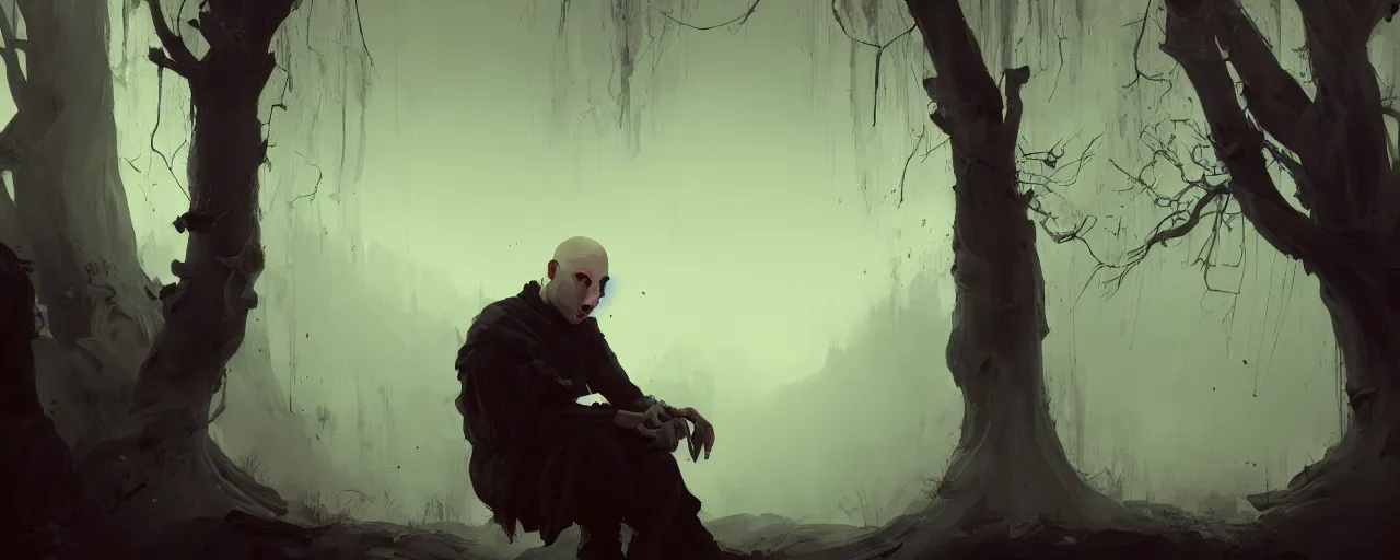 Image similar to duotone noir illustration close up of bald merchant demon sitting below willow tree in medieval brown tunic. foggy evening. dark dream atmosphere with volumetric hellish lighting, by sachin teng and sergey kolesov and ruan jia and heng z. graffiti art, scifi, fantasy, hyper detailed. octane render. concept art. trending on artstation