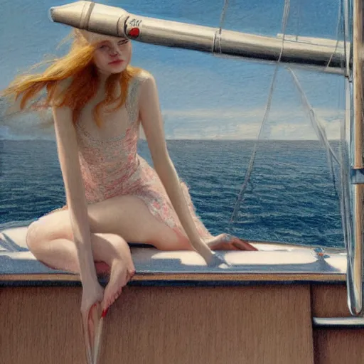 Image similar to Elle Fanning on a yacht next to a bottle of champagne, extremely detailed masterpiece, illustration, by Michael Sowa,