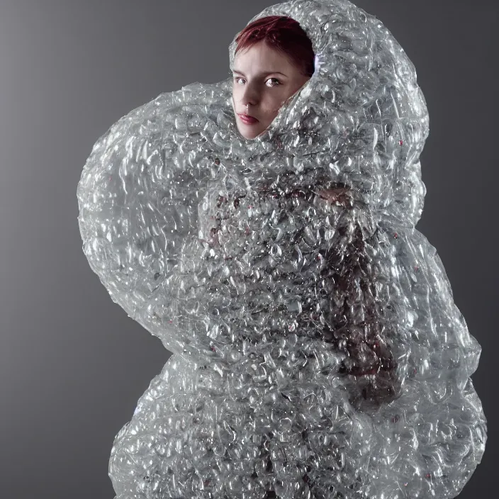 Image similar to a closeup portrait of a woman wrapped in bubble wrap, standing in front of a vast black forest, color photograph, by vincent desiderio, canon eos c 3 0 0, ƒ 1. 8, 3 5 mm, 8 k, medium - format print