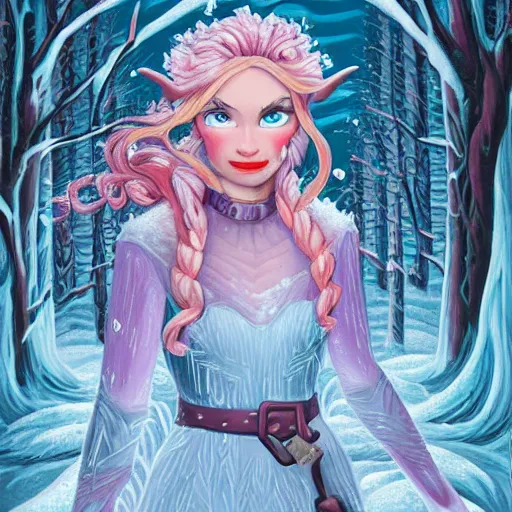 Image similar to dan mumford paint, a fantasy elf woman trapped and frozen trying to get out of a block of clear ice, with frozen flowers around her