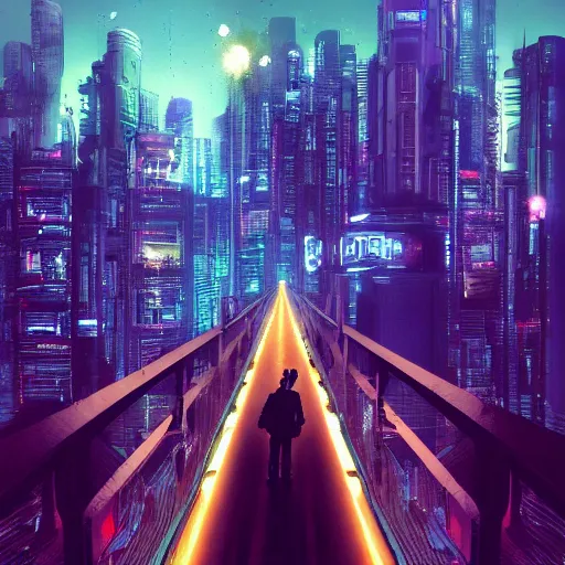 Prompt: a man standing on top of a bridge over a city, cyberpunk art by vincent lefevre, behance contest winner, altermodern, cityscape, synthwave, matte painting