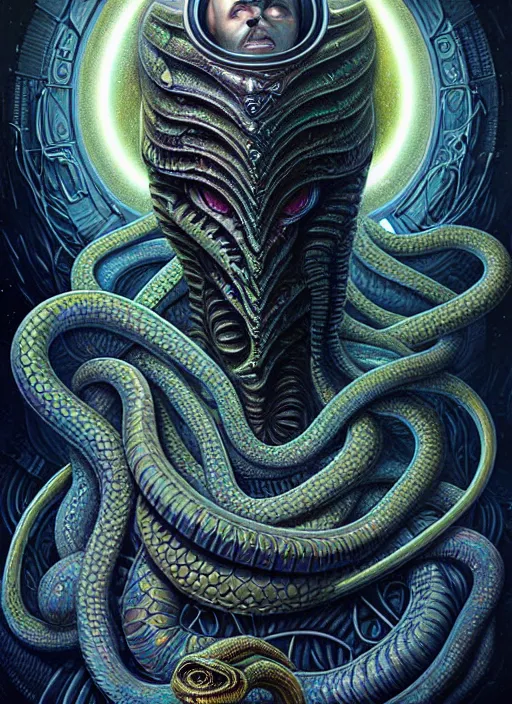 Image similar to cosmic lovecraft giger fractal snake portrait, pixar style, by tristan eaton stanley artgerm and tom bagshaw.