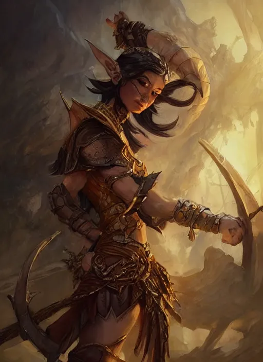 Prompt: a warrior elf, beautiful, dnd character art portrait, looming over a horde of gold, matte fantasy painting, deviantart artstation, by jason felix by steve argyle by tyler jacobson by peter mohrbacher by paul hedley, cinema