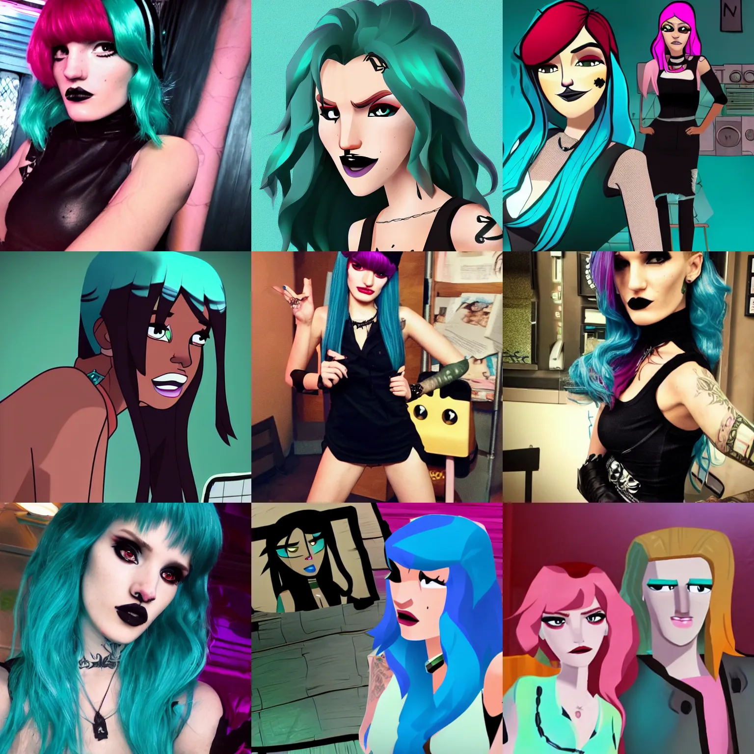 Prompt: behind the scenes photo of bella thorne as gwen in total drama island, teal hair, goth aesthetic, focus on facial details, photorealistic, cinematic lighting