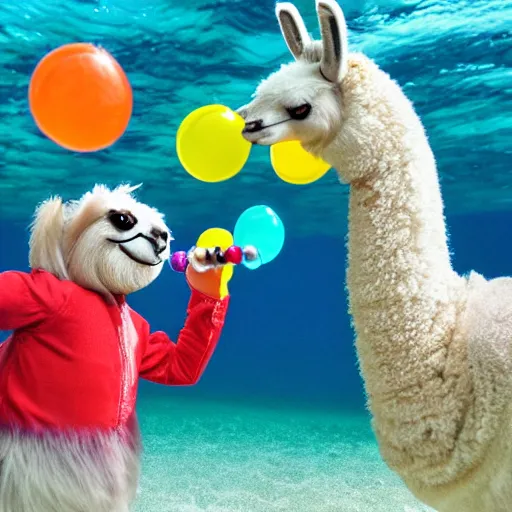 Prompt: llama and sloth underwater blowing bubbles