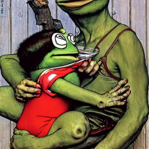 Image similar to pepe the frog home from vacation by norman rockwell