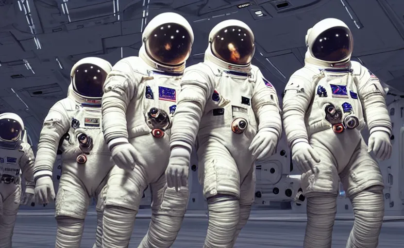 Image similar to astronauts designed by alexander mcqueen, catwalk, soft ambient lighting, photorealism, unreal engine, art by michael whelan and chris moore and howard david johnson and tim white and dan giancola