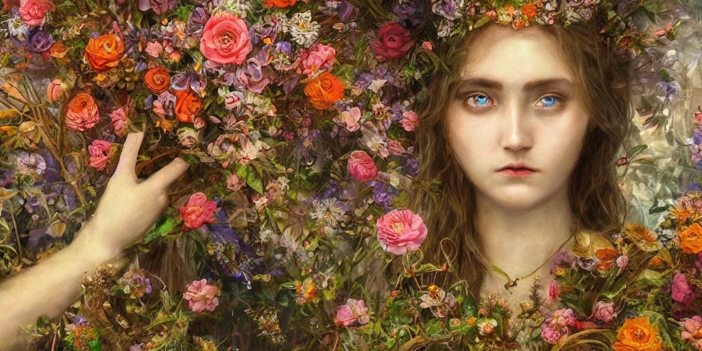 Prompt: breathtaking detailed weird concept art painting of few goddesses of flowers, orthodox saint, with anxious, piercing eyes, ornate background, amalgamation of leaves and flowers, by volegov, extremely moody lighting, 8K