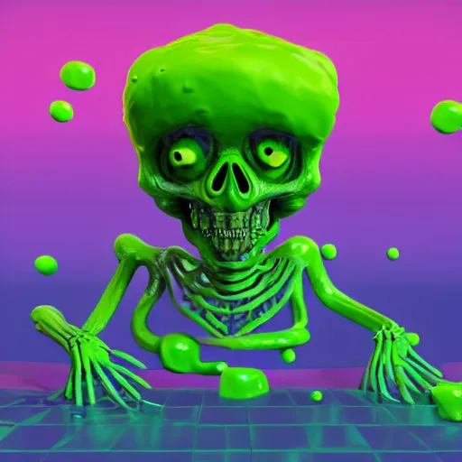 Image similar to slime lord king of the slime universe, skeleton, full body included, wide shot, 1 4 mm lens, f 2. 8, goopy, goop, fluids, soft tissue, subsurface scattering, reflections, ambient occlusion, raytracing, unreal engine 5, pixel art 8 - bit, by beeple