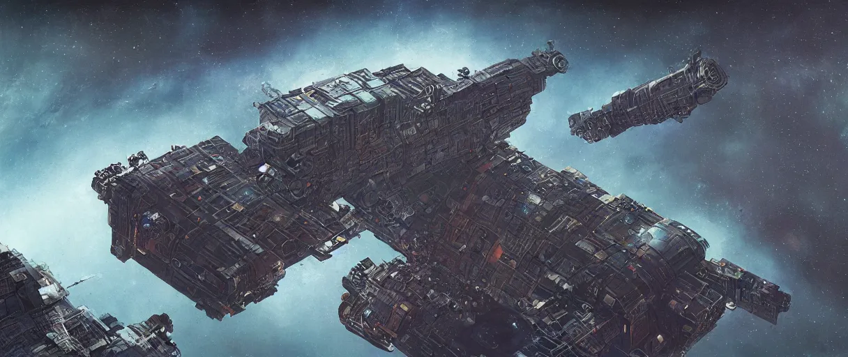 Image similar to illustration, a single scouting spaceship, deep space exploration, the expanse tv series, industrial design, space travel, intergalactic, cinematic lighting, 4k, greebles, widescreen, wide angle, beksinski, sharp and blocky shapes, deep palette