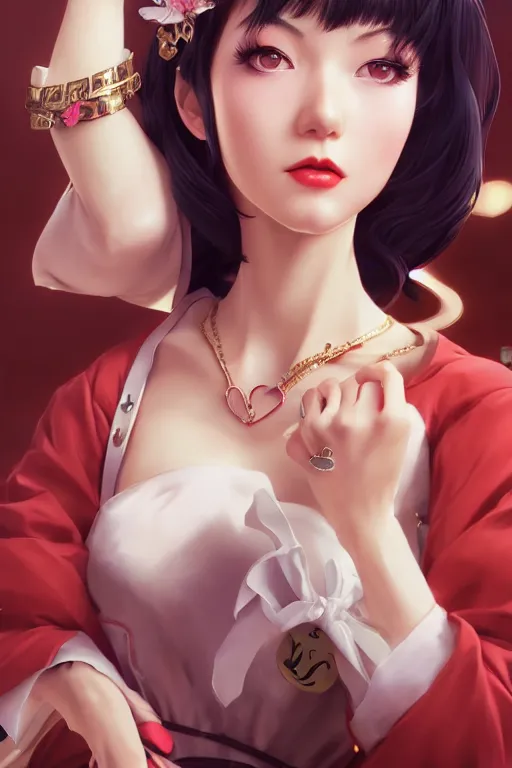 Image similar to a pin up and beautiful fashion charming dreamlke japan girl with lv jewelry, character art, art by artgerm lau and wlop and and ilya kuvshinov and john singer sargent, hyperdetailed, 8 k realistic, symmetrical, frostbite 3 engine, cryengine, dof, trending on artstation, digital art