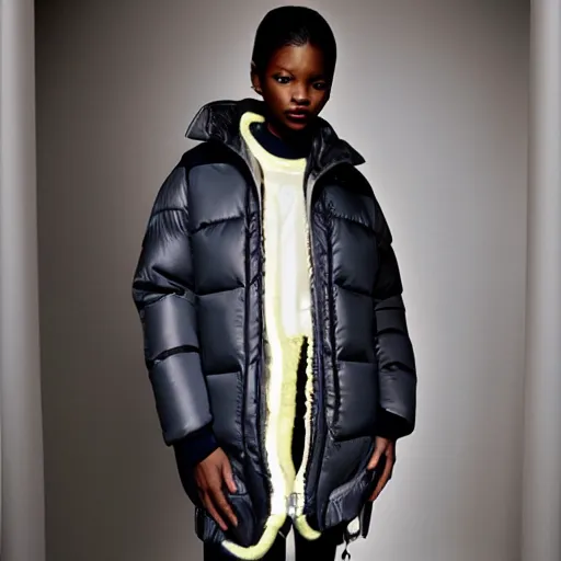 Image similar to realistic photoshooting for a new balenciaga lookbook color film photography of a beautiful woman model, model wears a puffer jacket, photo in style of tyler mitchell, ssense