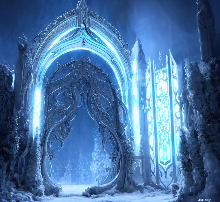 Image similar to a very detailed concept art of intricate and elven white gates to aurora borealis infused with magic, dynamic lighting trending on artstation, symmetry, digital art, 4 k, hyper realistic, octane render, sharp focus