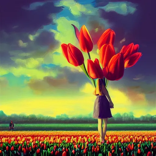 Image similar to girl with a giant tulip head, surreal photography, flower field, sunset dramatic light, impressionist painting, colorful clouds, blue sky, digital painting, artstation, simon stalenhag