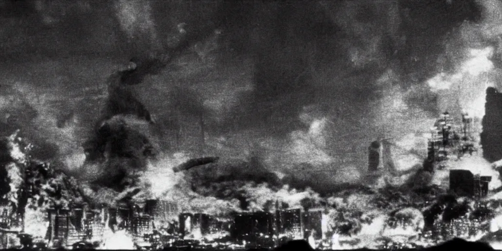 Image similar to a filmstill of Kim Jong-il, monster destroying Pyongyang, in Godzilla (1954) by Ishirō Honda, epic ultrawide shot, cinémascope