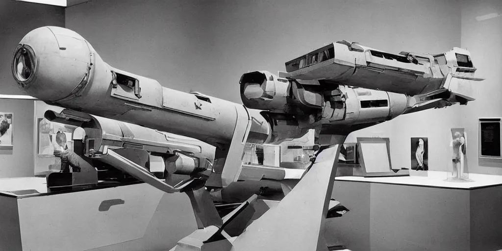 Image similar to museum display of ww 2 space laser weapons, archive photograph, 1 9 5 0's, sci - fi