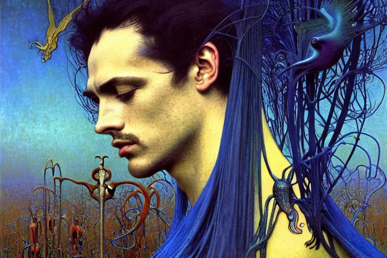 Prompt: realistic detailed portrait painting of a beautiful man with bird head, nightly graveyard landscape background by Jean Delville, Amano, Yves Tanguy, Max Ernst, Alphonse Mucha, Ernst Haeckel, Edward Robert Hughes, Roger Dean, masterpiece, cinematic composition, dramatic pose, 4k details, rich moody colours, blue eyes