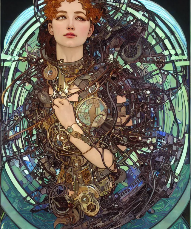 Prompt: realistic detailed portrait of a humanoid mecha cyberpunk! goddess by Alphonse Mucha and Charlie Bowater and art germ, rule of thirds, golden ratio, Art Nouveau! cyberpunk! style, mechanical accents!, mecha plate armor, glowing LEDs, flowing wires with leaves, art nouveau accents, art nouveau patterns and geometry, rich deep moody colors