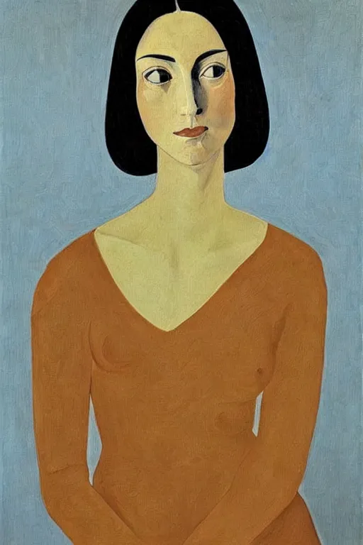 Image similar to a painted portrait of a women, art by felice casorati, aesthetically pleasing and harmonious natural colors, expressionism, fine day, portrait