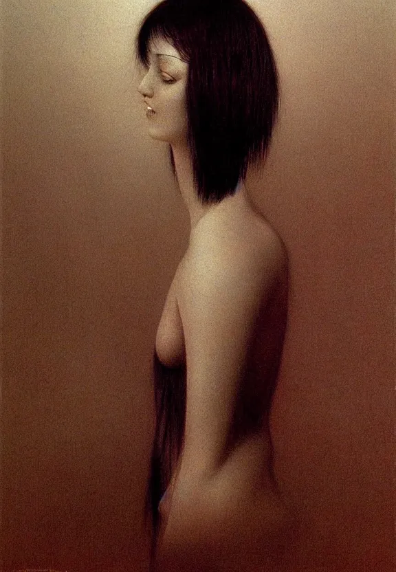 Image similar to young female with pale white skin and short black hairs, by Beksinski