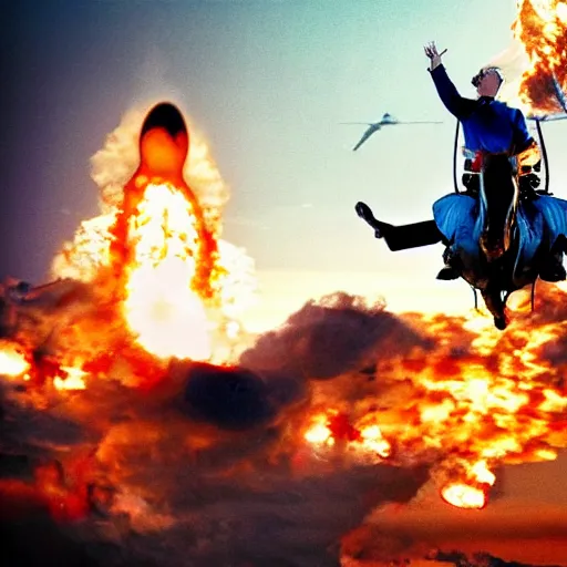 Image similar to donal trump as a cowboy riding a nuke as it's dropped from a plane high adrenaline junkie xtreme sport photography directed by mcg