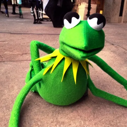 Image similar to Kermit the Frog from the Muppets dressed as a 2000s scene emo