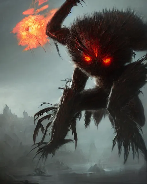 Image similar to oil painting of Angry Anthropomorphized Spider Berserker, wearing fur armor, claws, sharp focus, attack pose, fantasy style, octane render, volumetric lighting, 8k high definition, by greg rutkowski, highly detailed, trending on art Station, magic the gathering artwork, burning Battlefield background, centered