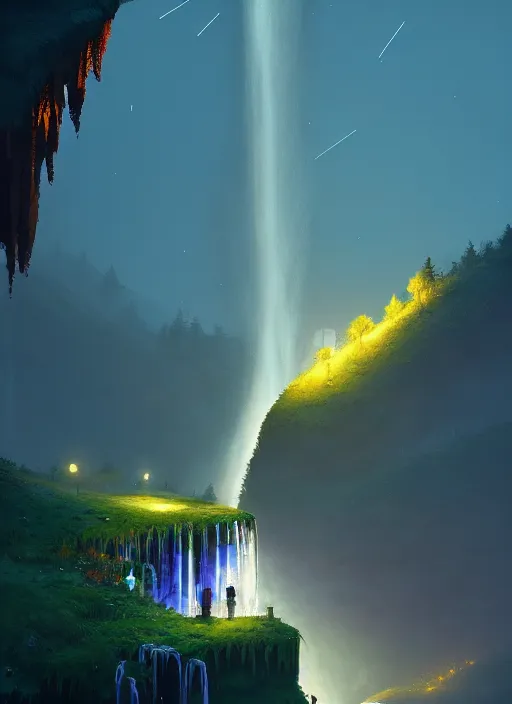 Image similar to a long capture photo of a magical waterfall, high cliff, night, stars in the sky cinematic lighting, insanely detailed, intricate, artstation, cgsociety, painted by Simon Stalenhag, concept art, illustration, sharp focus,Gediminas Pranckevicius