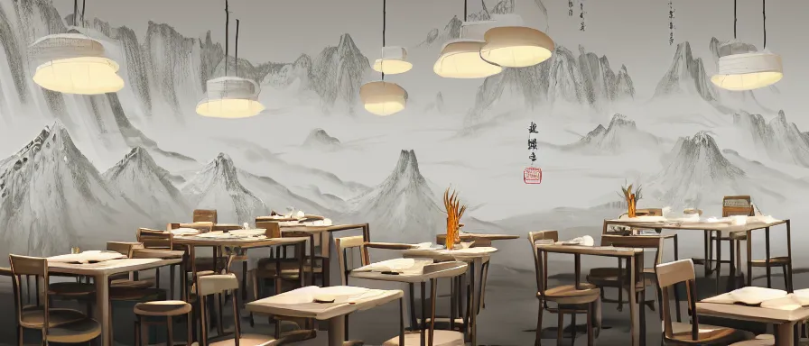 Image similar to a beautiful simple interior 4 k hd wallpaper illustration of small roasted string hotpot restaurant restaurant yan'an, animation illustrative style, from china, restaurant theme wallpaper is tower and mountains, rectangle white porcelain table, black chair, fine simple delicate structure, simple style structure decoration design, victo ngai, james jean, 4 k hd