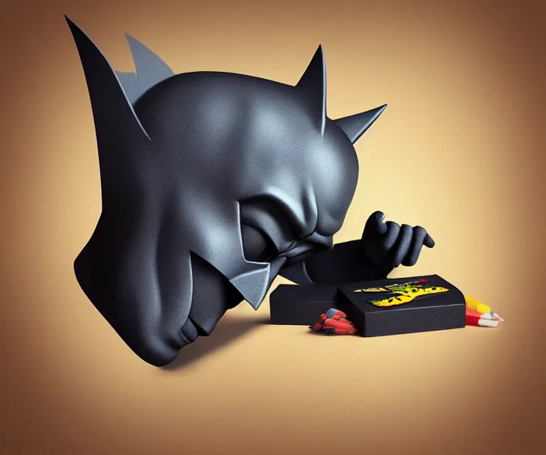 Image similar to “ sad batman, eating crayons from the box, small hands, simple, hyperrealism, photorealistic, hyperrealism, highly detailed, octane render, 8 k, high def ”