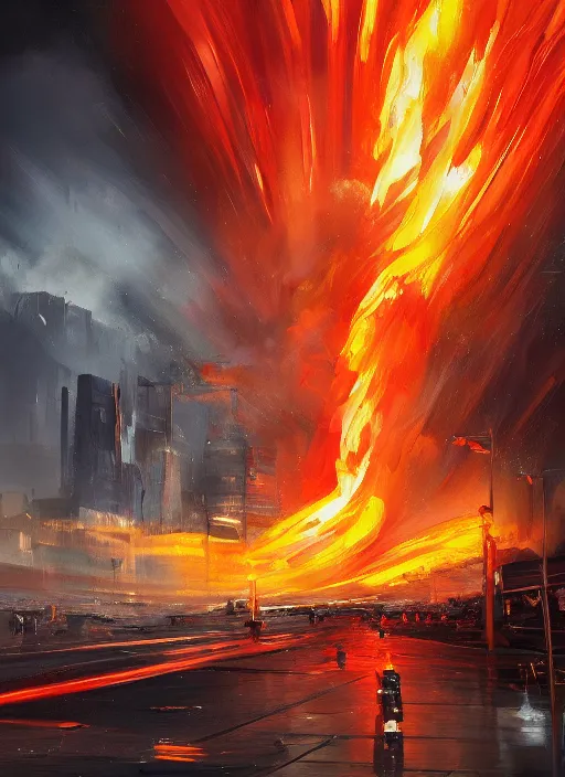 Image similar to cinematic shot, concept art of a large fire tornado in a city, oil painting by jama jurabaev, extremely detailed, brush hard, artstation, for aaa game, high quality, brush stroke