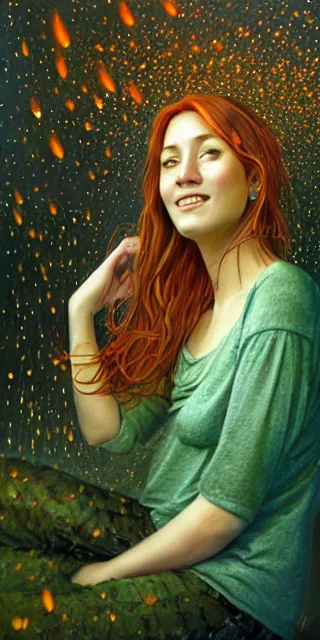 Image similar to infp young woman, smiling amazed, golden fireflies lights, sitting in the midst of nature fully covered, long loose red hair, intricate linework, bright accurate green eyes, small nose with freckles, oval shape face, realistic, expressive emotions, dramatic lights spiritual scene, hyper realistic ultrafine art by michael cheval, jessica rossier, boris vallejo