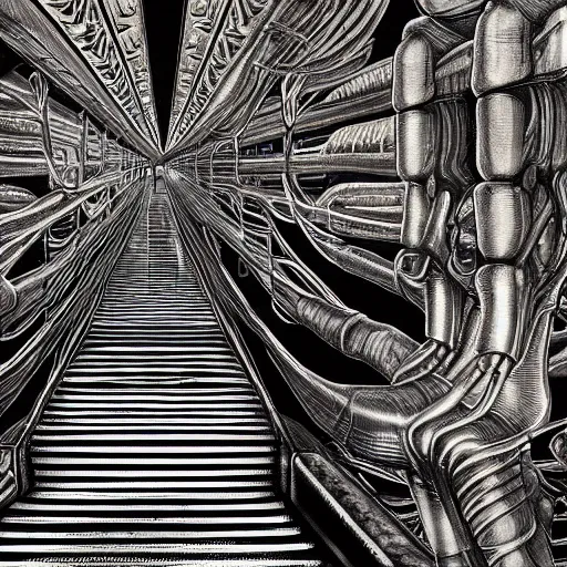 Image similar to a couple of humans walking across a metallic bridge, h. r. giger digital painting