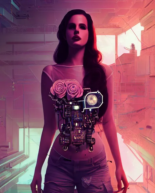 Image similar to portrait of lana del rey as a cyberpunk cyborg. roses, sci - fi, missing panels, intricate abstract, upper body, intricate artwork, by tooth wu, wlop, beeple, dan mumford. concept art, 8 k octane render, deviantart, greg rutkowski, cinematic, key art, hyperrealism, iridescent accents