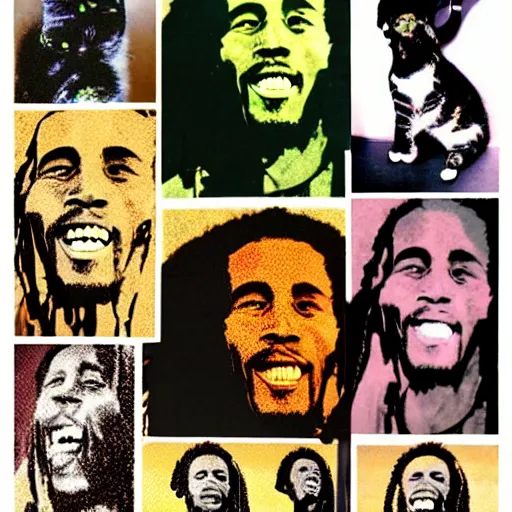 Prompt: photomosaic of bob marley made up of images of cats