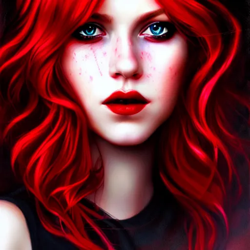 Image similar to a realistic illustration portrait of a beautiful kendrasunderland with curly black and red hair, black eyeliner, trending on artstation, hyper - realistic lighting, intricate, ross tran