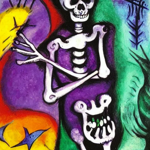 Prompt: a skeleton wearing a purple sombrero, painting by marc chagall