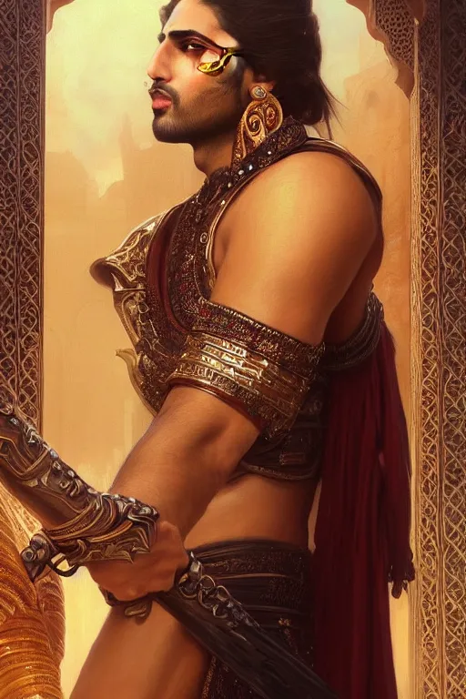 Image similar to Beautiful portrait of a Persian Prince who is a warrior, handsome prince of persia, face painting, attractive young man, persian style architecture, dramatic lighting, intricate, wild, highly detailed, digital painting, artstation, concept art, smooth, sharp focus, illustration, art by artgerm and greg rutkowski and alphonse mucha, footage from space camera