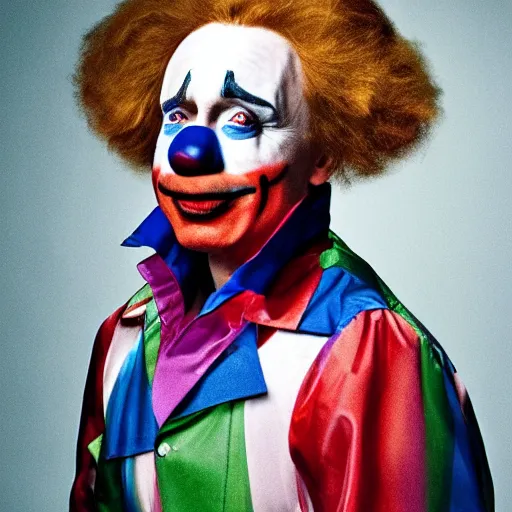 Image similar to UHD candid photo of Vladimir Putin dressed as a clown, wearing accurate clown makeup, accurate face, UHD, photorealistic, correct face, photo by Annie Leibowitz