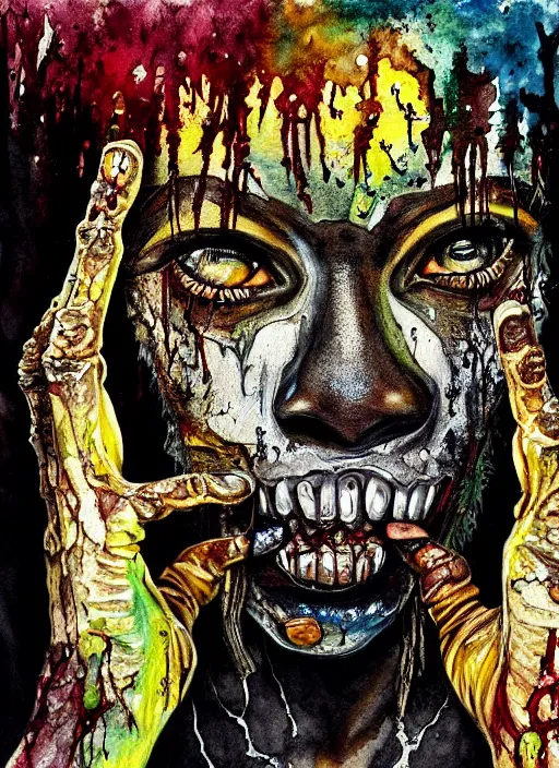 Image similar to african american zombie hollywood artwork professional acting headshot, hyperrealism, intricate detail, studio lighting, charming expression gesicht, hauntingly beautiful zombie, watercolor art, epic, legendary, drawn and painted, colored layers, dulled contrast, exquisite fine art, splatterpaint