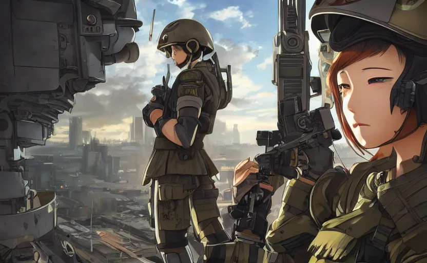 Image similar to portrait of mechanized soldier girl, anime style, urban in background, soldier clothing, combat helmet, short hair, hair down, symmetrical facial features, from arknights, hyper realistic, 4 k, rule of thirds, extreme detail, detailed drawing, trending artstation, hd, d & d, realistic lighting, by alphonse mucha, greg rutkowski