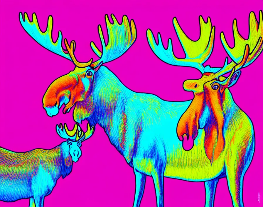 Prompt: moose in 6 0 s kitsch and psychedelia, digital painting, trending on artstation, sharp focus, 4 k